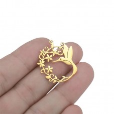 Breloque Colibri Fleurs en Acier Inoxydable Doré 29x25mm