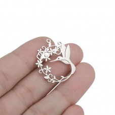 Breloque Colibri Fleurs en Acier Inoxydable Argenté 29x25mm