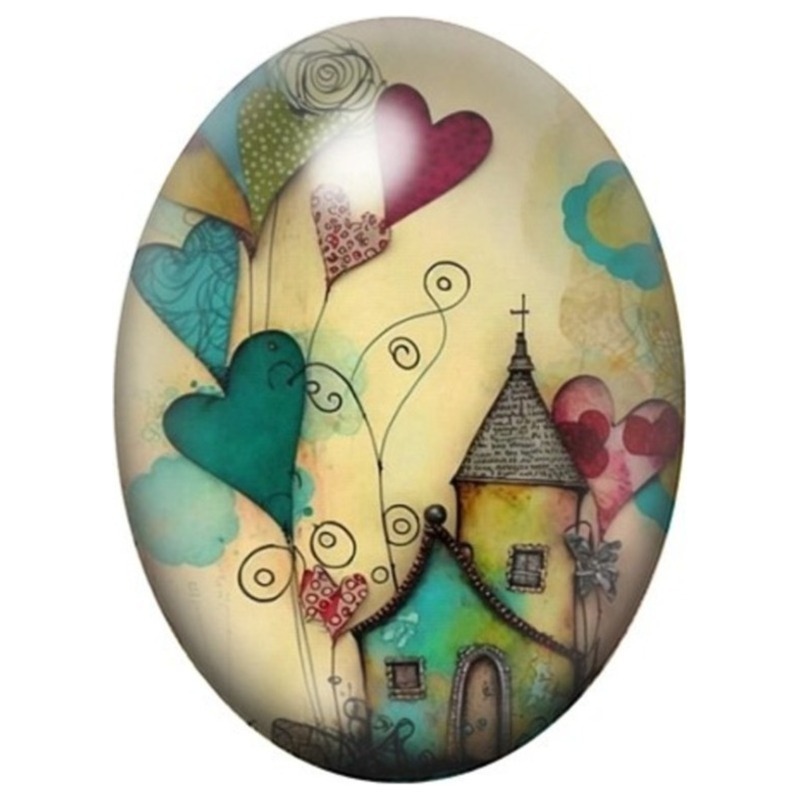 Cabochon en Verre Illustré Village Fantaisie aux Cœurs 13x18, 18x25 ou 30x40mm