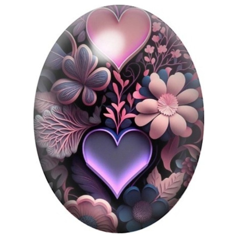 Cabochon en Verre Illustré Cœurs Lumineux aux Fleurs Mauves 13x18, 18x25 ou 30x40mm