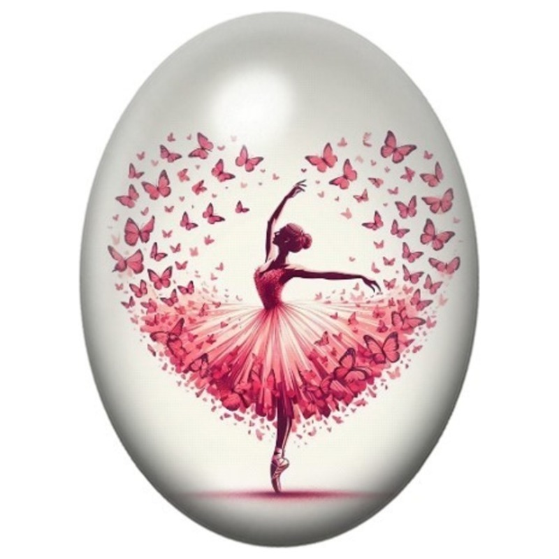 Cabochon en Verre Illustré Ballerine au Tutu de Papillons Roses 13x18, 18x25 ou 30x40mm