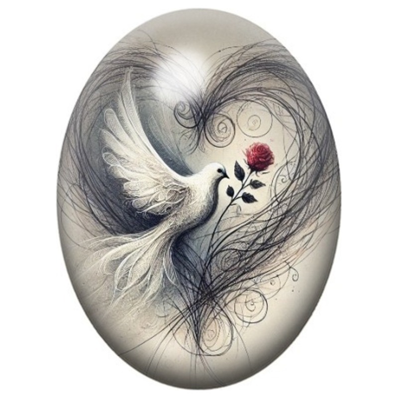 Cabochon en Verre Illustré Colombe Blanche à la Rose Rouge 13x18, 18x25 ou 30x40mm