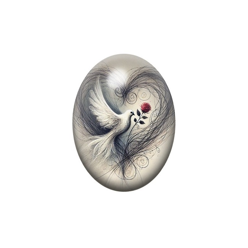 Cabochon en Verre Illustré Colombe Coeur Amour 13x18, 18x25 ou 30x40mm