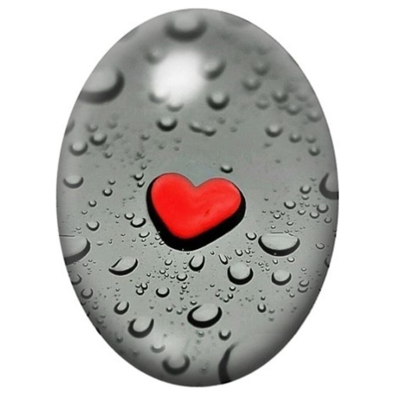Cabochon en Verre Illustré Petit Cœur Rouge sur Verre de Pluie 13x18, 18x25 ou 30x40mm