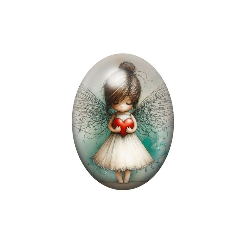 Cabochon en Verre Illustré Ange Coeur Amour 13x18, 18x25 ou 30x40mm