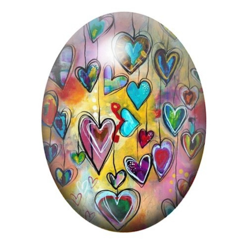 Cabochon en Verre Illustré Farandole de Cœurs Multicolores 13x18, 18x25 ou 30x40mm