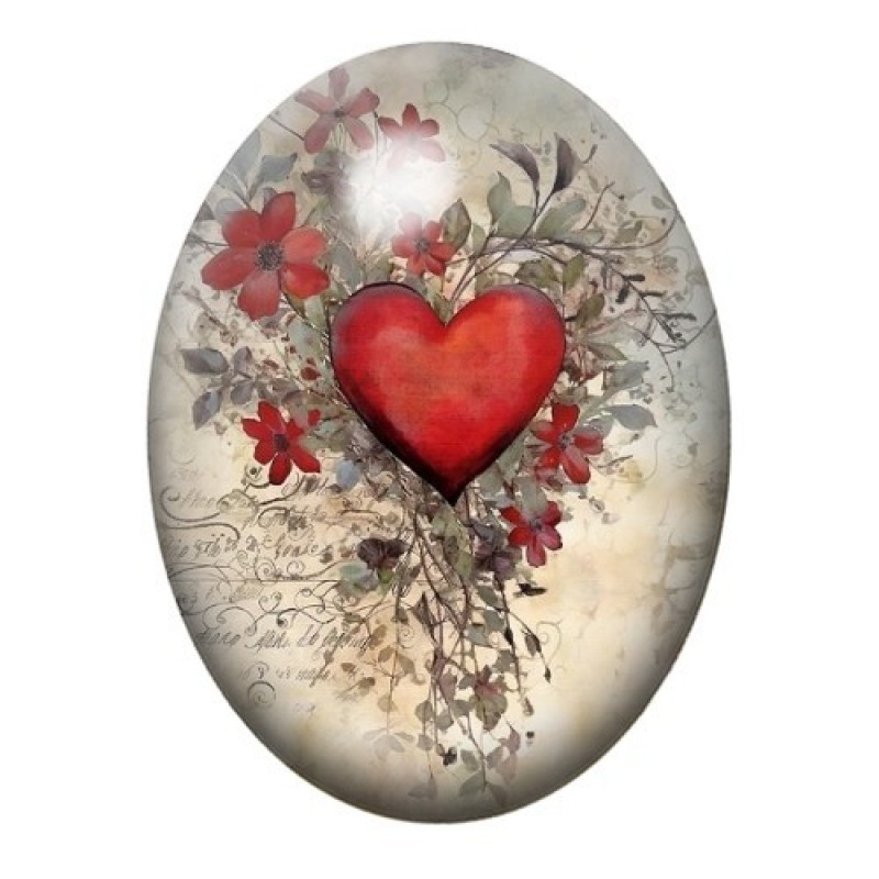 Cabochon en Verre Illustré Coeur Amour 13x18, 18x25 ou 30x40mm