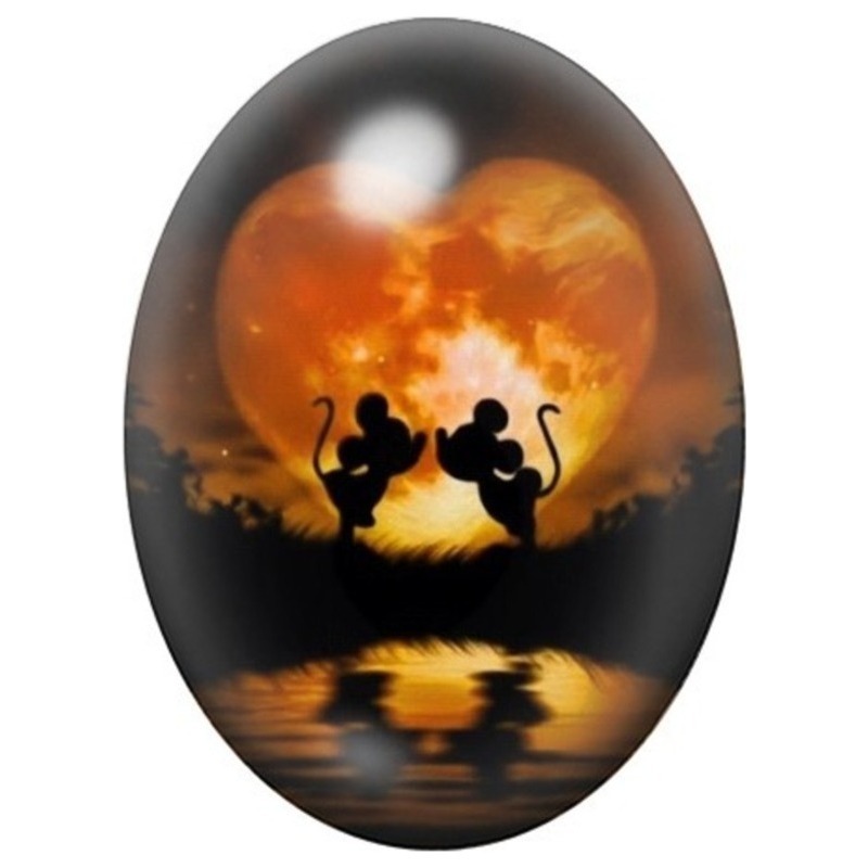 Cabochon en Verre Illustré Couple de Souris sous la Lune Orange 13x18, 18x25 ou 30x40mm