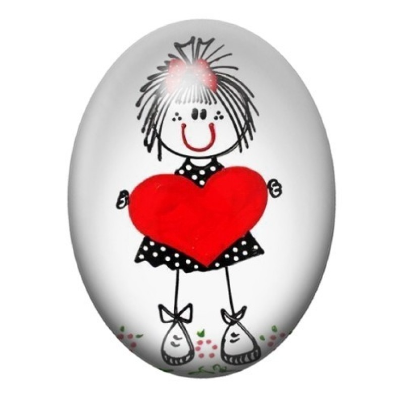 Cabochon en Verre Illustré Petite Fille Coeur Amour 13x18, 18x25 ou 30x40mm