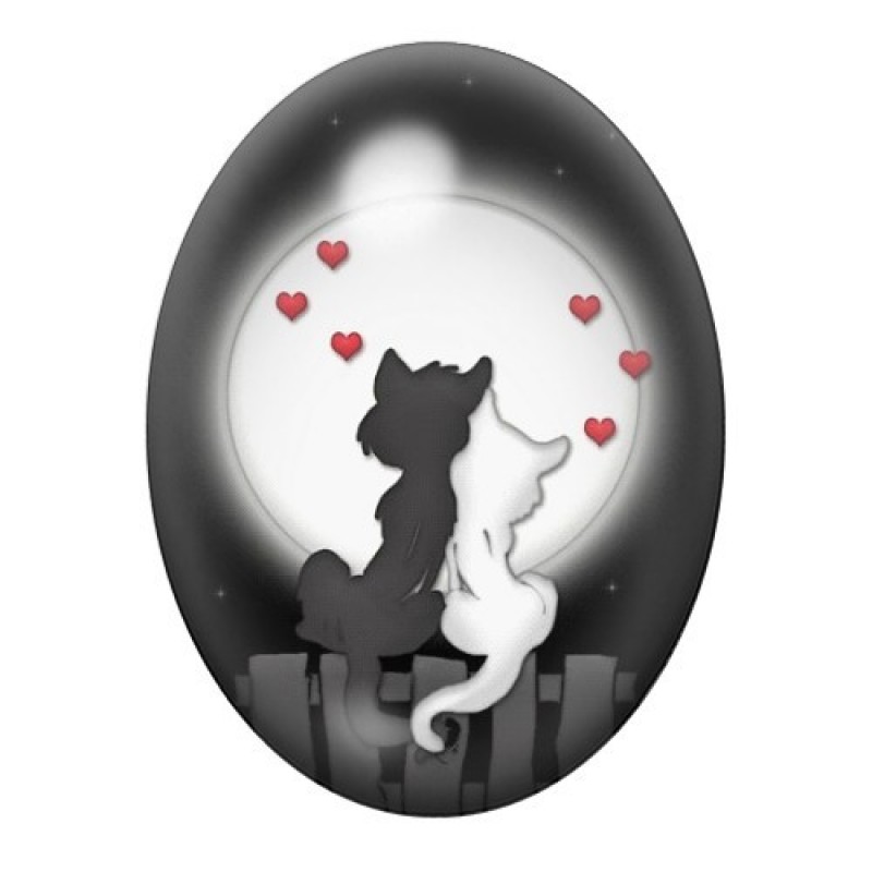 Cabochon en Verre Illustré Chat Lune Coeur Amour 13x18, 18x25 ou 30x40mm