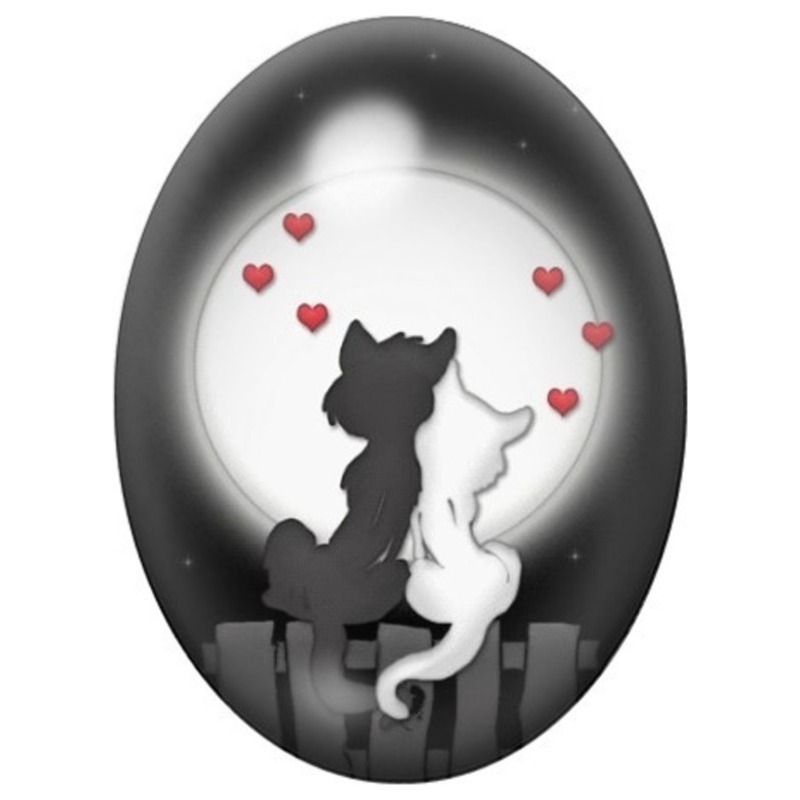 Cabochon en Verre Illustré Chats Amoureux sous la Lune 13x18, 18x25 ou 30x40mm