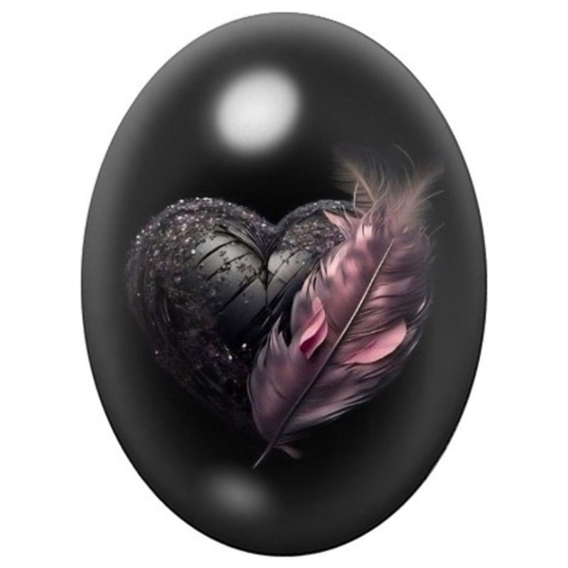 Cabochon en Verre Illustré Cœur Gothique aux Plumes Sombres 13x18, 18x25 ou 30x40mm