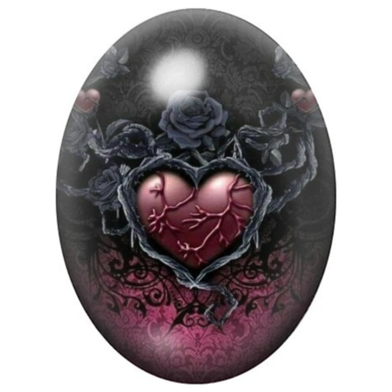 Cabochon en Verre Illustré Cœur Gothique Cousu aux Roses Noires 13x18, 18x25 ou 30x40mm