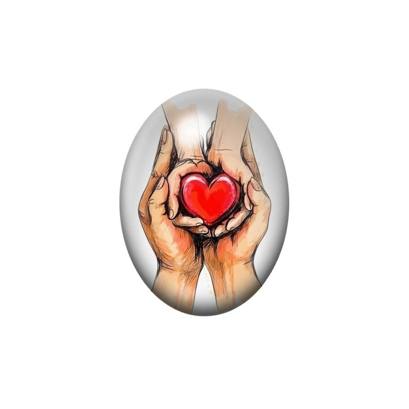 Cabochon en Verre Illustré Mains Coeur Amour 13x18, 18x25 ou 30x40mm