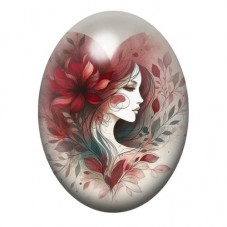 Cabochon en Verre Illustré Portrait de Femme aux Fleurs Rouges 13x18, 18x25 ou 30x40mm pour la création de bijoux fantaisie - DI