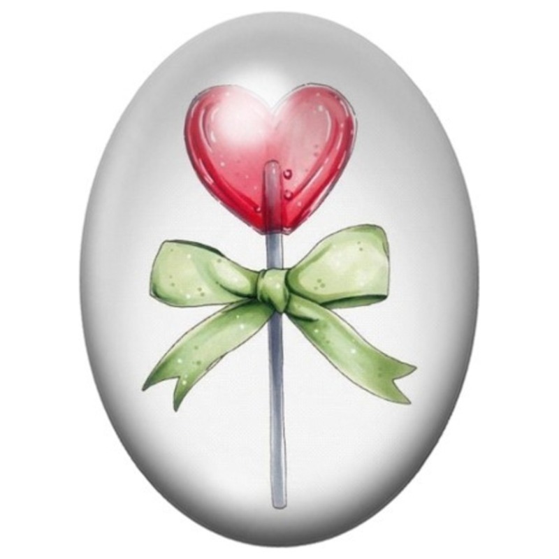 Cabochon en Verre Illustré Sucette Cœur Rose au Nœud Vert 13x18, 18x25 ou 30x40mm