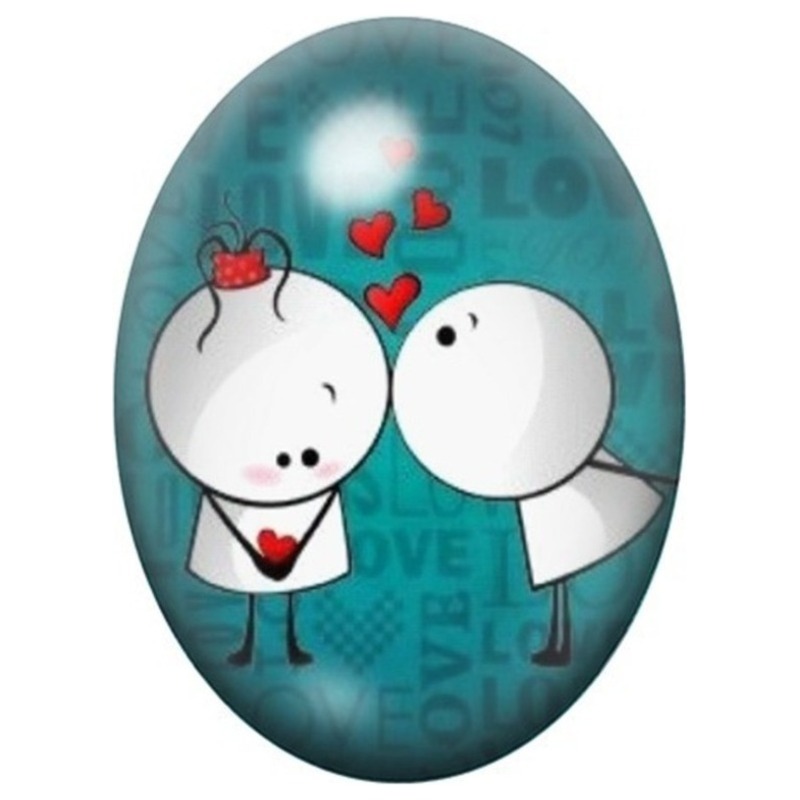 Cabochon en Verre Illustré Couple au Baiser sur Fond Turquoise 13x18, 18x25 ou 30x40mm