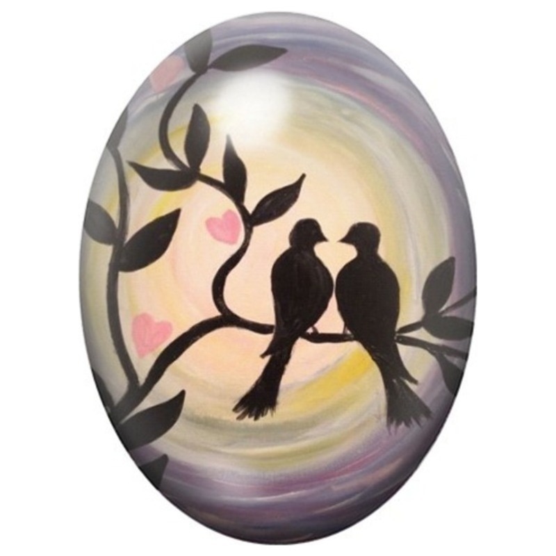 Cabochon en Verre Illustré Oiseaux Amoureux au Crépuscule 13x18, 18x25 ou 30x40mm