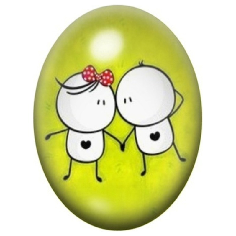 Cabochon en Verre Illustré Couple au Baiser sur Fond Vert 13x18, 18x25 ou 30x40mm