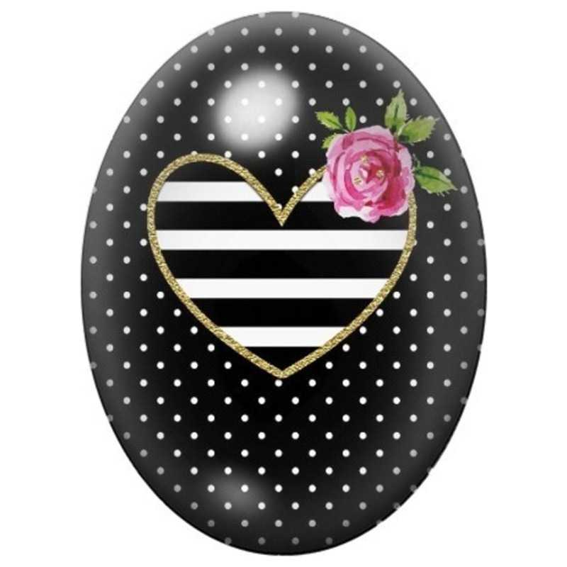 Cabochon en Verre Illustré Cœur Rayé Noir et Blanc à la Rose Rose 13x18, 18x25 ou 30x40mm