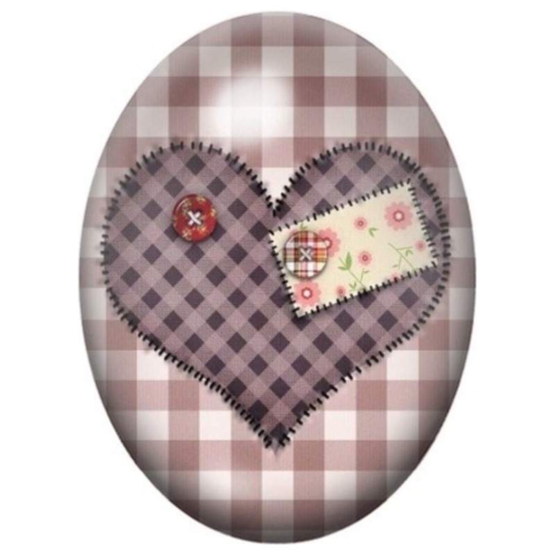 Cabochon en Verre Illustré Cœur en Patchwork à Carreaux 13x18, 18x25 ou 30x40mm