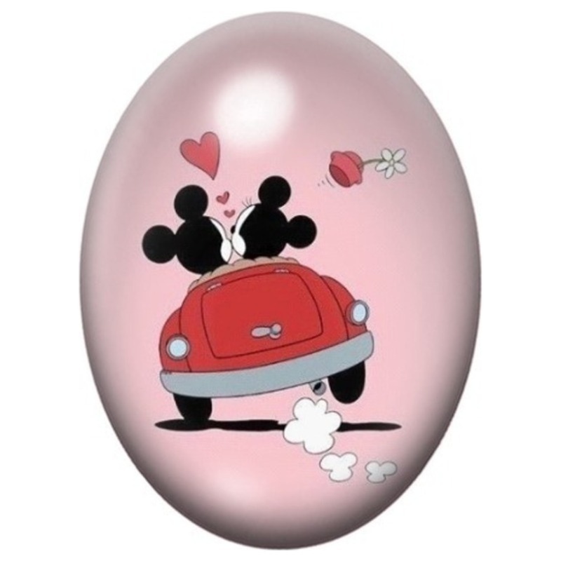 Cabochon en Verre Illustré Couple de Souris en Voiture Rose 13x18, 18x25 ou 30x40mm