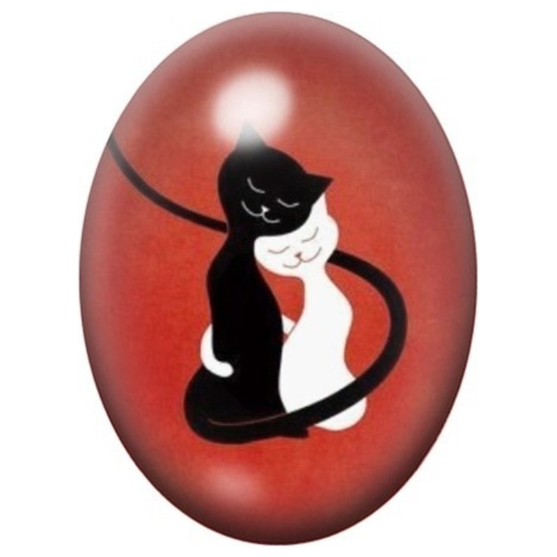 Cabochon en Verre Illustré Chats Enlacés Noir et Blanc 13x18, 18x25 ou 30x40mm
