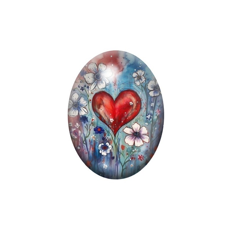 Cabochon en Verre Illustré Fleurs Coeur Amour 13x18, 18x25 ou 30x40mm