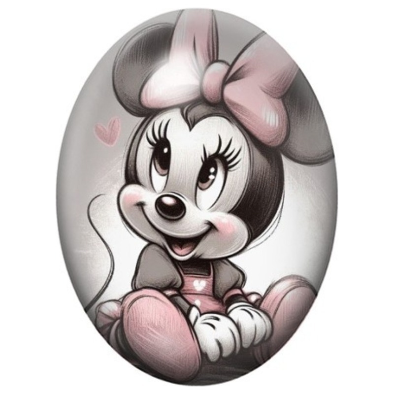 Cabochon en Verre Illustré Souris au Nœud Rose Assise 13x18, 18x25 ou 30x40mm