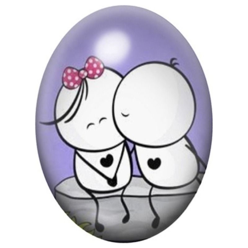 Cabochon en Verre Illustré Couple de Petits Personnages au Baiser 13x18, 18x25 ou 30x40mm