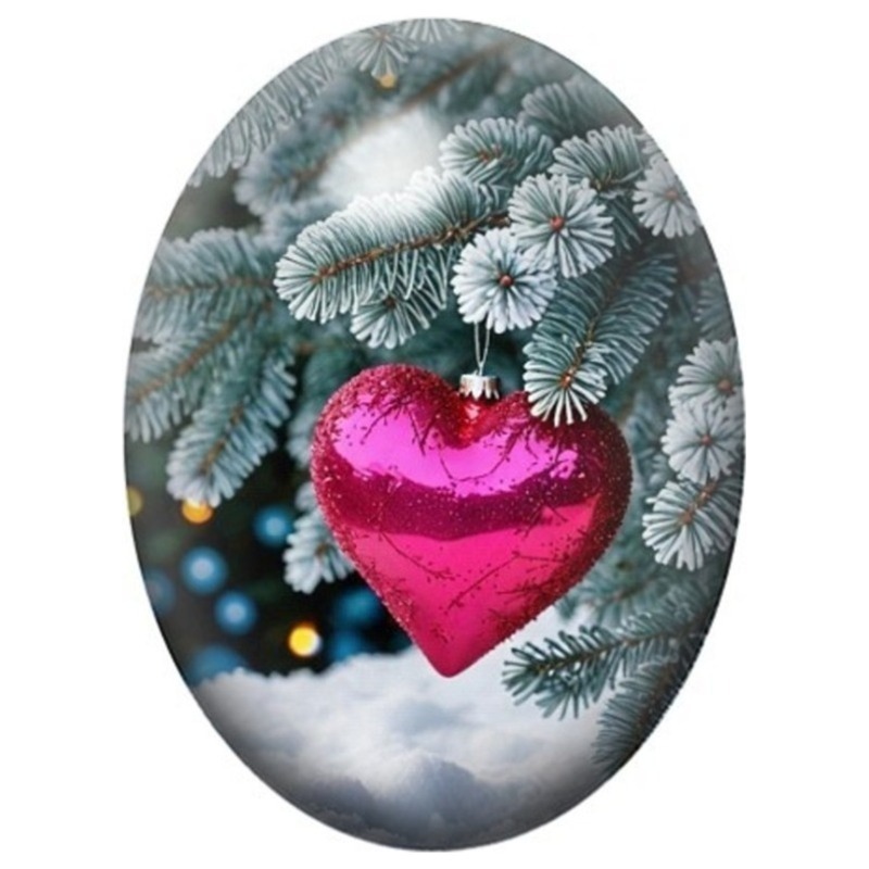 Cabochon en Verre Illustré Boule de Noël Cœur Rose sous le Sapin 13x18, 18x25 ou 30x40mm