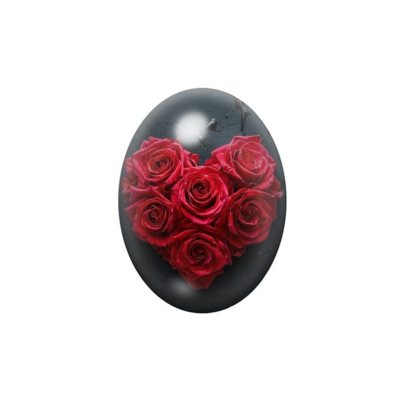 Cabochon en Verre Illustré Coeur Roses Amour 13x18, 18x25 ou 30x40mm