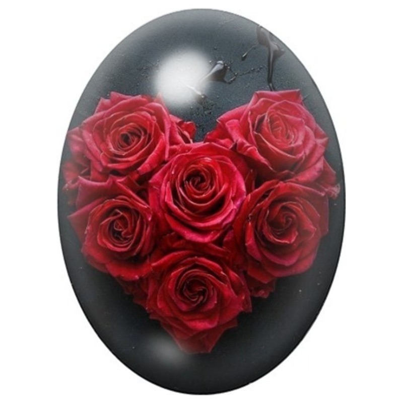Cabochon en Verre Illustré Cœur de Roses Rouges 13x18, 18x25 ou 30x40mm