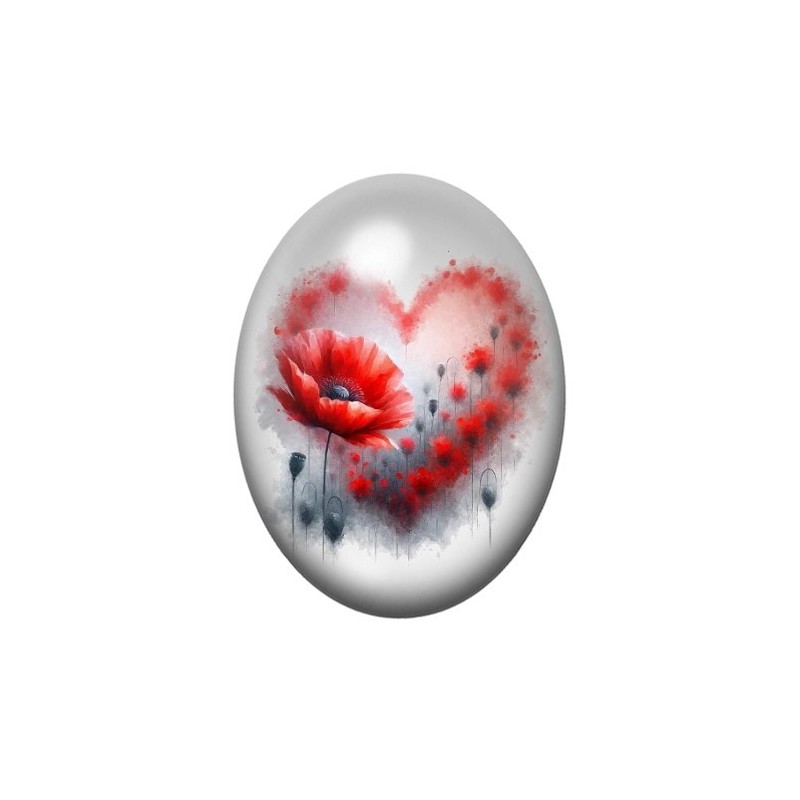 Cabochon en Verre Illustré Coeur Fleurs Coquelicot Amour 13x18, 18x25 ou 30x40mm