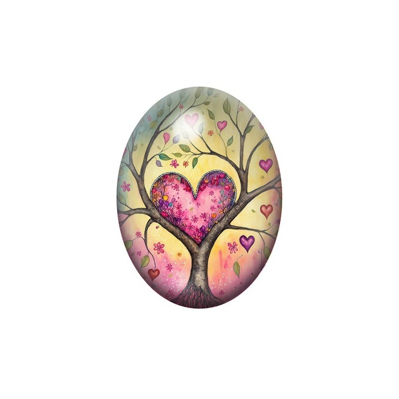Cabochon en Verre Illustré Arbre Coeur Amour 13x18, 18x25 ou 30x40mm