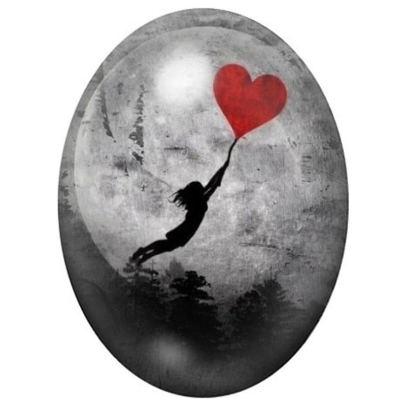 Cabochon en Verre Illustré Petite Fille au Ballon Cœur dans le Vent 13x18, 18x25 ou 30x40mm