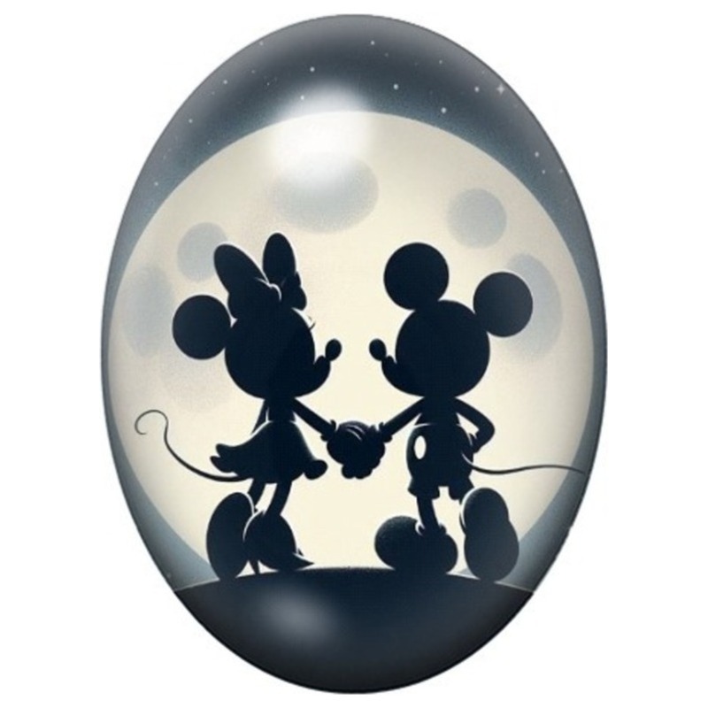 Cabochon en Verre Illustré Couple de Souris sous la Pleine Lune 13x18, 18x25 ou 30x40mm