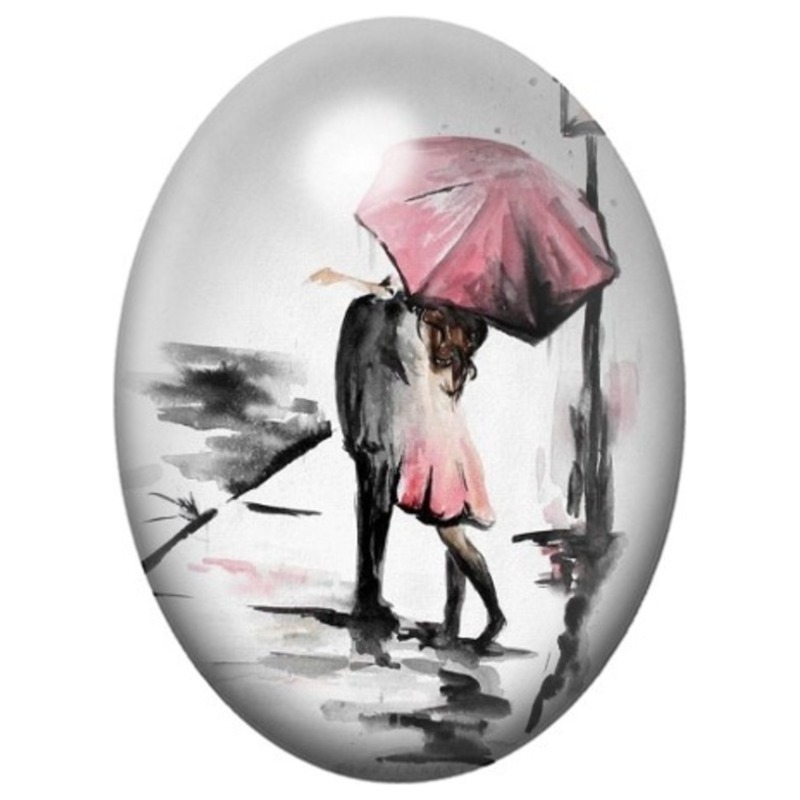 Cabochon en Verre Illustré Couple sous un Parapluie Rose 13x18, 18x25 ou 30x40mm