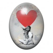 Cabochon en Verre Illustré Petite Fille au Ballon Cœur Géant 13x18, 18x25 ou 30x40mm pour la création de bijoux fantaisie - DIY