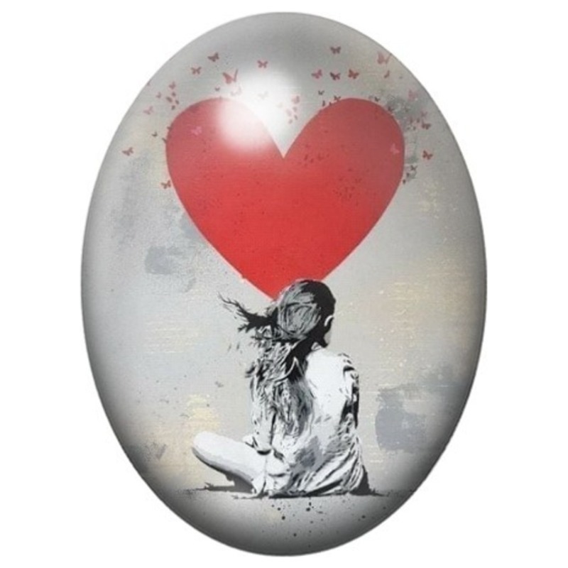 Cabochon en Verre Illustré Petite Fille au Ballon Cœur Géant 13x18, 18x25 ou 30x40mm