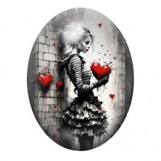 Cabochon en Verre Illustré Jeune Femme Gothique aux Cœurs Rouges 13x18, 18x25 ou 30x40mm pour la création de bijoux fantaisie - 