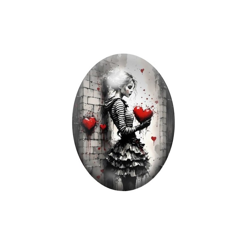 Cabochon en Verre Illustré Jeune Femme Coeurs Amour 13x18, 18x25 ou 30x40mm