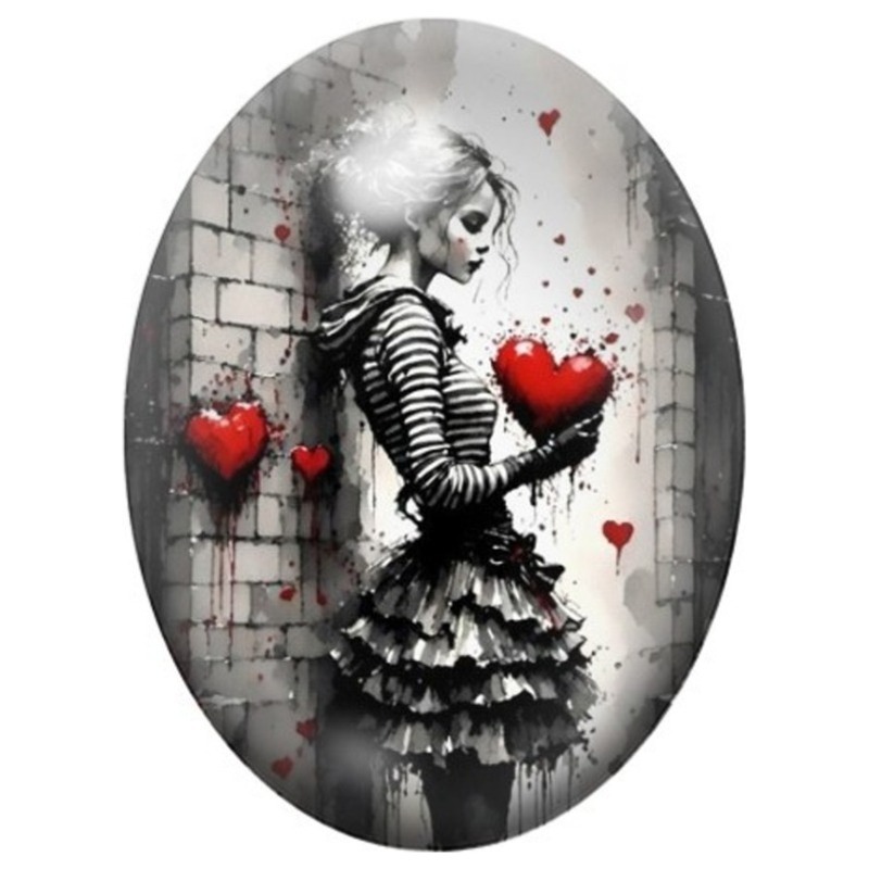 Cabochon en Verre Illustré Jeune Femme Gothique aux Cœurs Rouges 13x18, 18x25 ou 30x40mm
