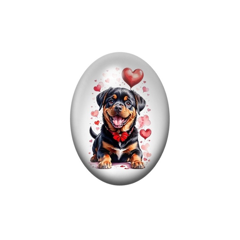 Cabochon en Verre Illustré Chien Rottweiler Coeur Amour 13x18, 18x25 ou 30x40mm