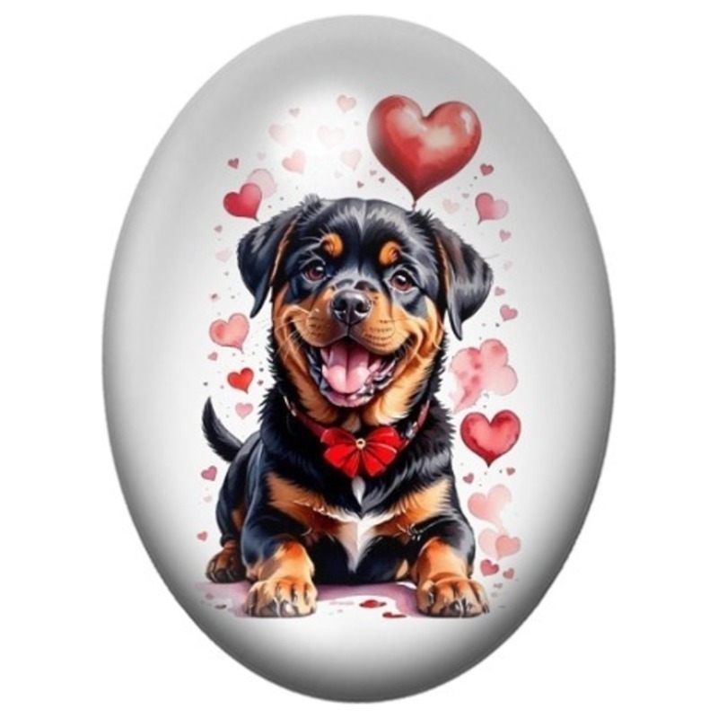 Cabochon en Verre Illustré Chiot Rottweiler au Ballon Cœur 13x18, 18x25 ou 30x40mm