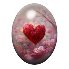 Cabochon en Verre Illustré Cœur Rouge dans un Jardin Brumeux 13x18, 18x25 ou 30x40mm pour la création de bijoux fantaisie - DIY