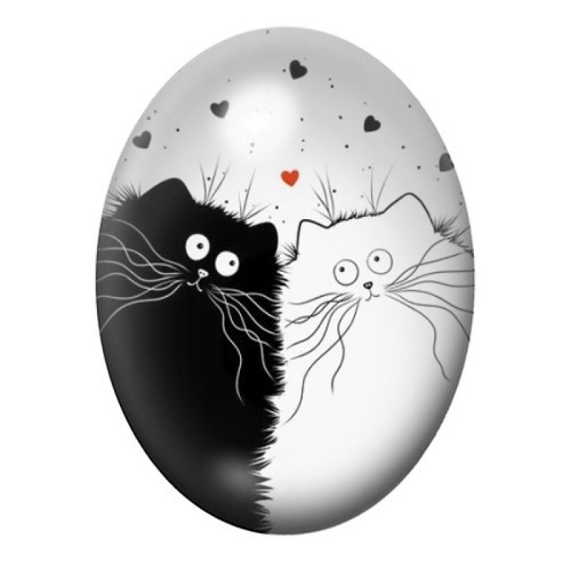 Cabochon en Verre Illustré Couple Chats Coeurs Amour 13x18, 18x25 ou 30x40mm