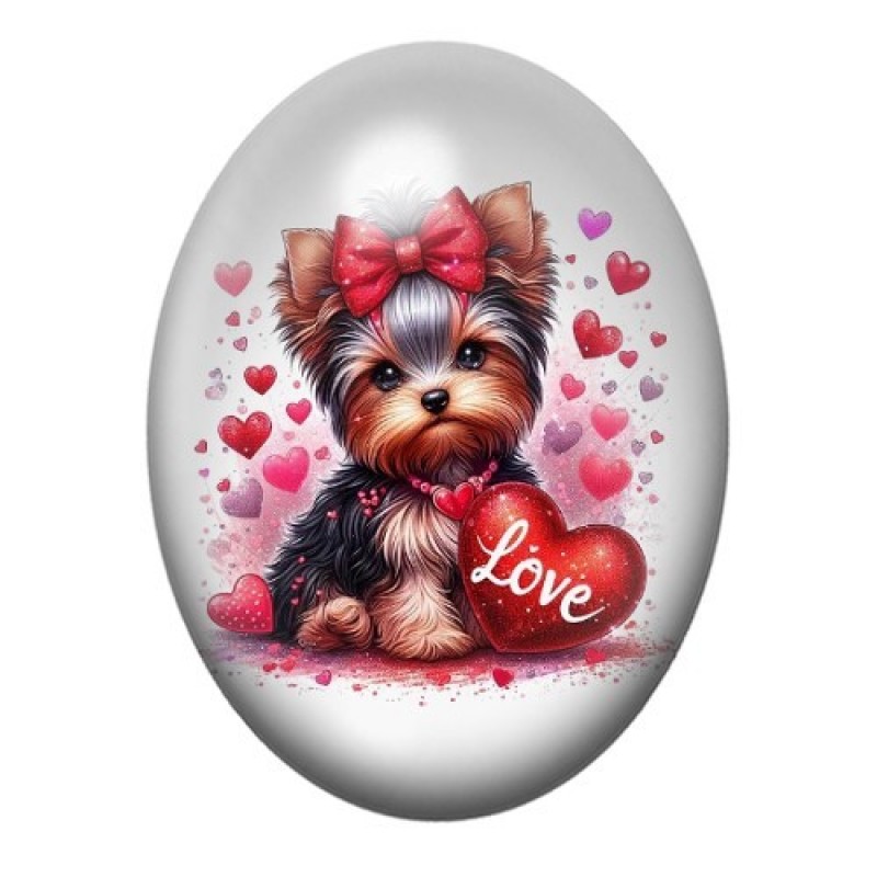 Cabochon en Verre Illustré Chein Yorkshire Coeurs Amour 13x18, 18x25 ou 30x40mm