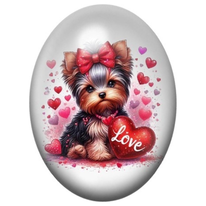 Cabochon en Verre Illustré Chien Yorkshire au Cœur Love 13x18, 18x25 ou 30x40mm