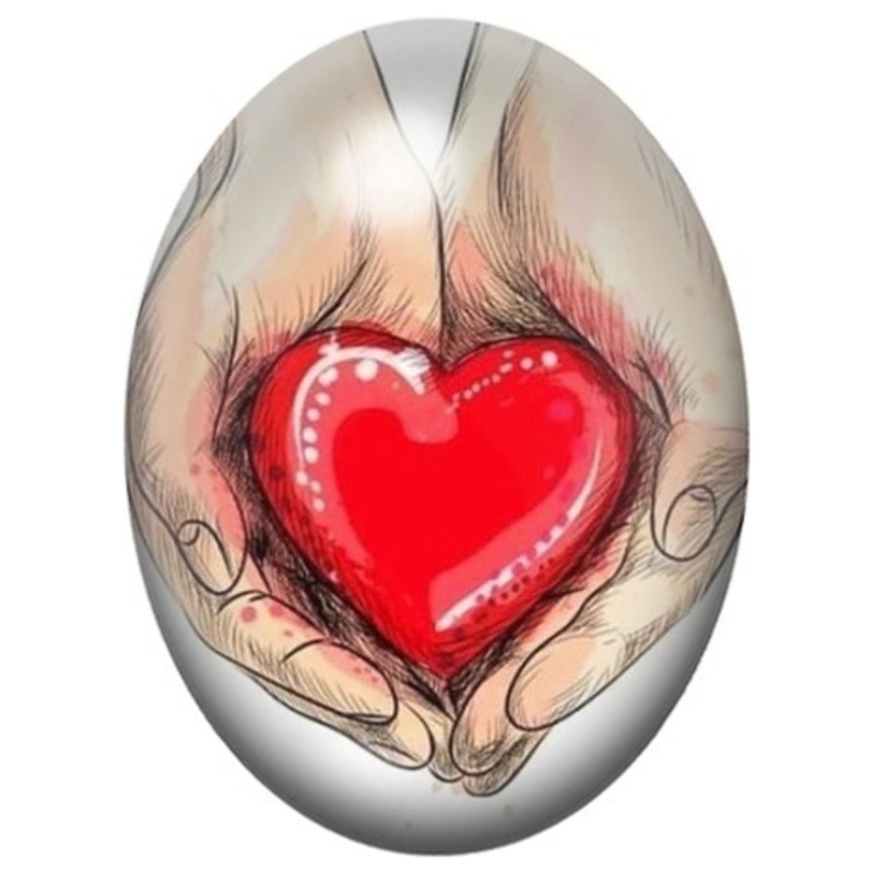 Cabochon en Verre Illustré Mains Tenant un Cœur Rouge 13x18, 18x25 ou 30x40mm